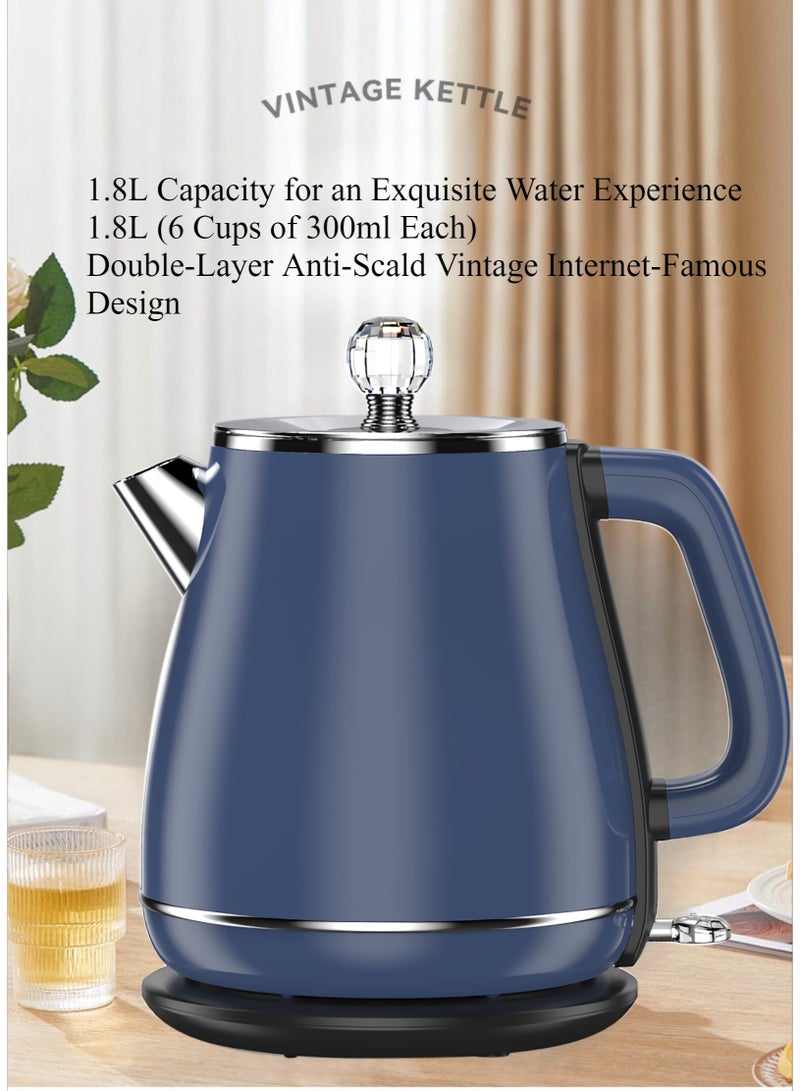 Upgraded Upgraded Double Wall 1800W 1.8L Retro Electric Kettle, Anti-Scald, 304 Stainless Steel, Fast Boiling, Auto Shut-Off & Dry Burn Protection, for Home Office Use Blue - Image 2